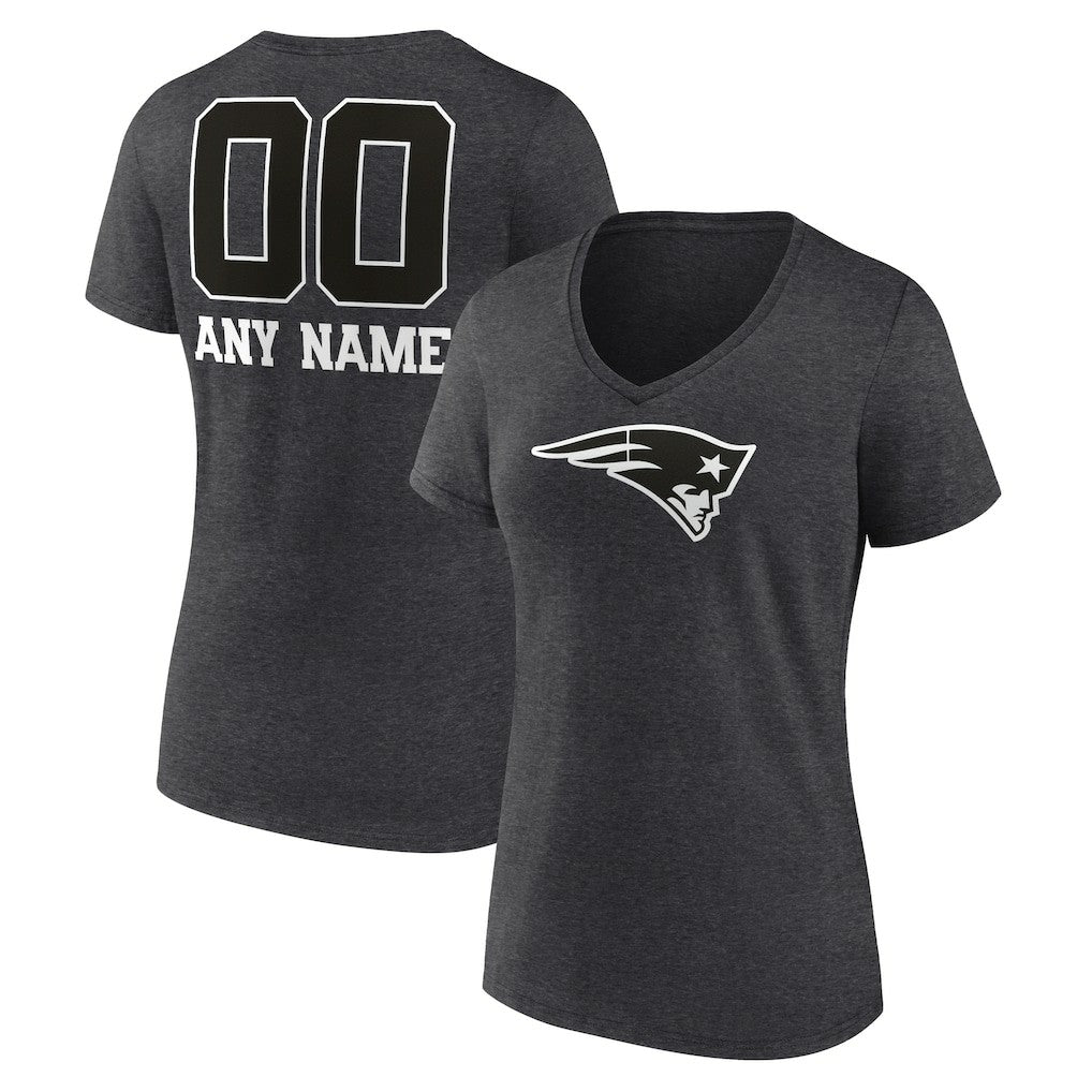 New England Patriots Women's Personalized Name & Number Monochrome V-Neck Long Sleeve T-Shirt Charcoal | NFL