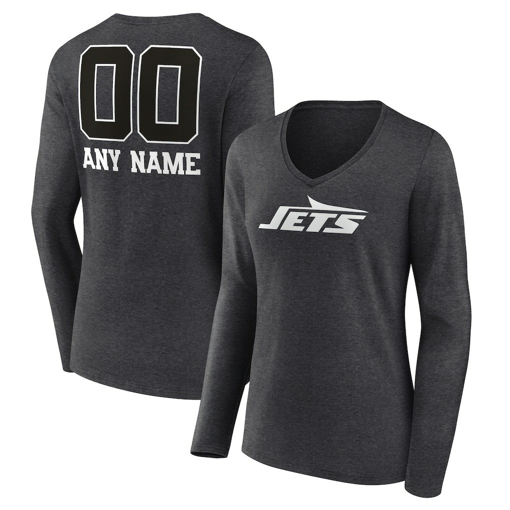 New York Jets Women's Personalized Name & Number Monochrome V-neck T-Shirt Charcoal | NFL