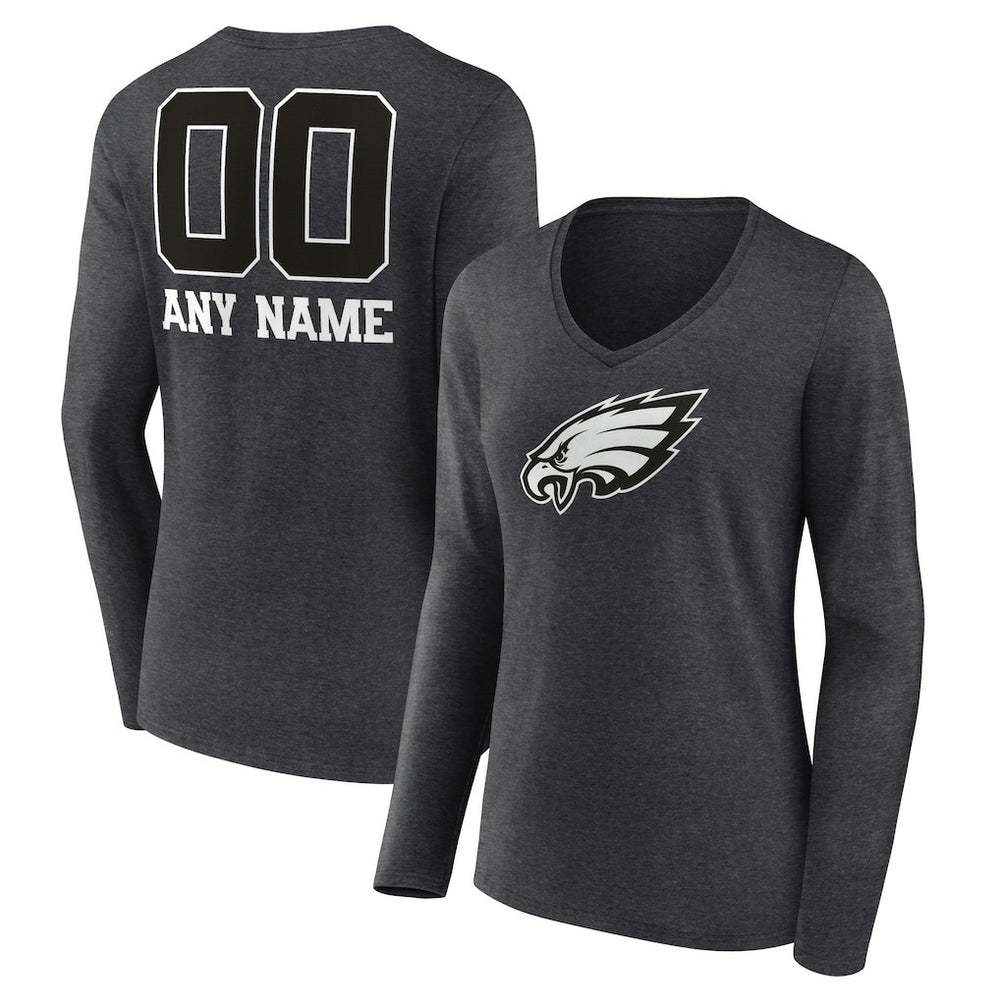 Philadelphia Eagles Women's Personalized Name & Number Monochrome V-neck T-Shirt Charcoal | NFL