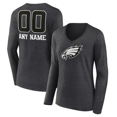 Philadelphia Eagles Women's Personalized Name & Number Monochrome V-neck T-Shirt Charcoal | NFL