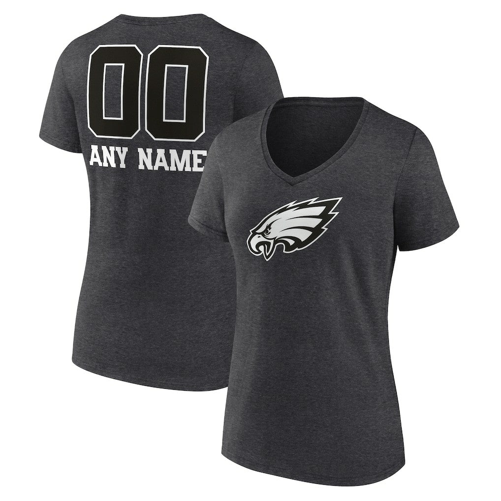 Philadelphia Eagles Women's Personalized Name & Number Monochrome V-Neck Long Sleeve T-Shirt Charcoal | NFL