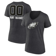 Philadelphia Eagles Women's Personalized Name & Number Monochrome V-Neck Long Sleeve T-Shirt Charcoal | NFL