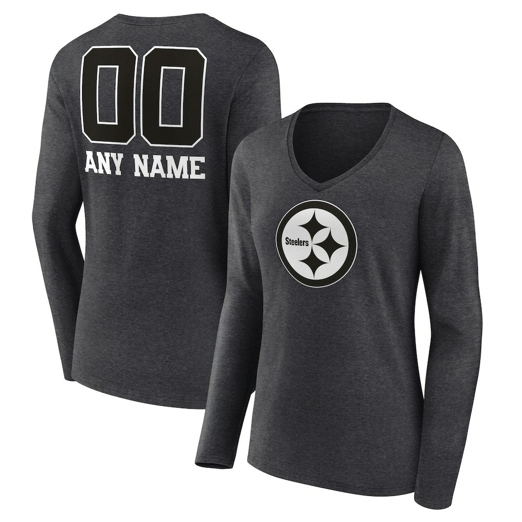 Pittsburgh Steelers Women's Personalized Name & Number Monochrome V-neck T-Shirt Charcoal | NFL