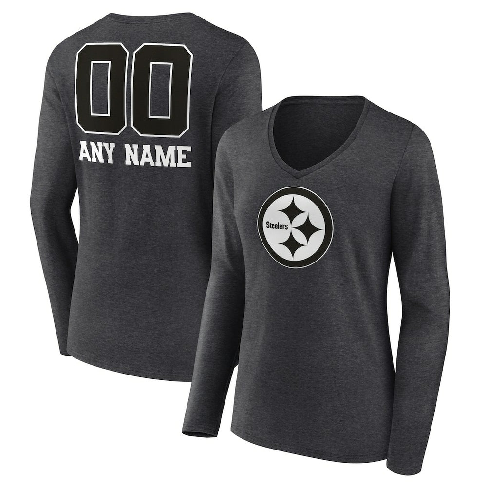 Pittsburgh Steelers Women's Personalized Name & Number Monochrome V-neck T-Shirt Charcoal | NFL