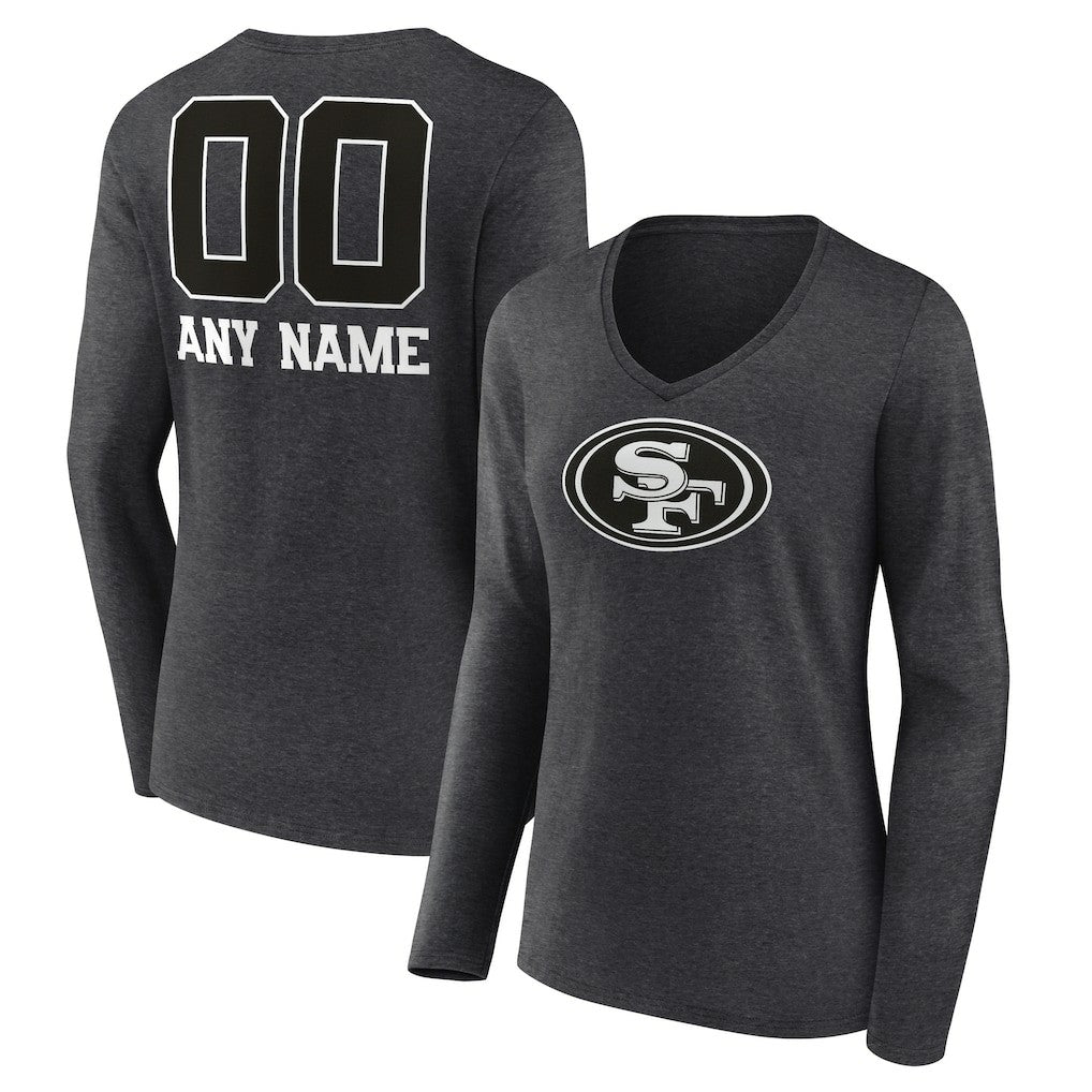 San Francisco 49ers Women's Personalized Name & Number Monochrome V-neck T-Shirt Charcoal | NFL