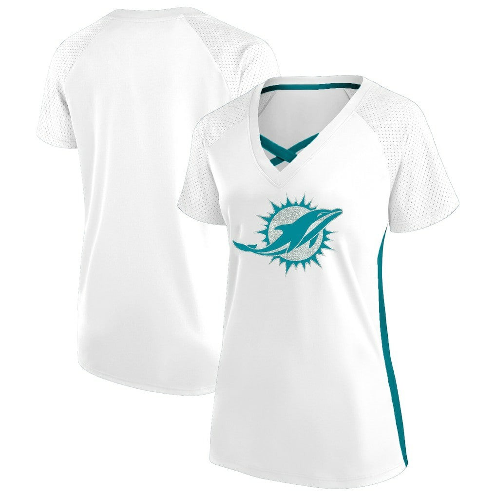 Miami Dolphins Women's Plus Size Glitter Lace-Up V- Neck T-Shirt White | Fanatics
