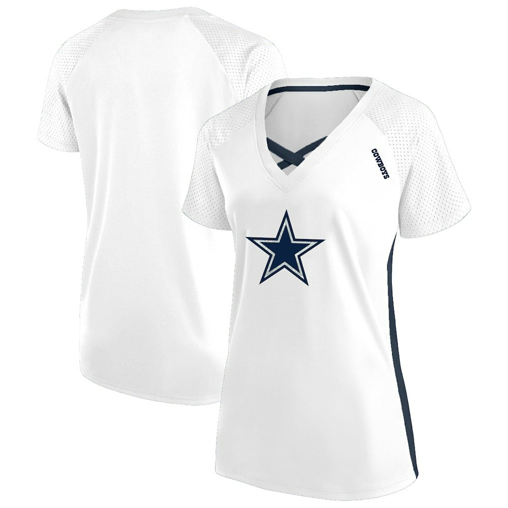 Dallas Cowboys Women's Plus Size Glitter Lace-Up V- Neck T-Shirt White | Fanatics