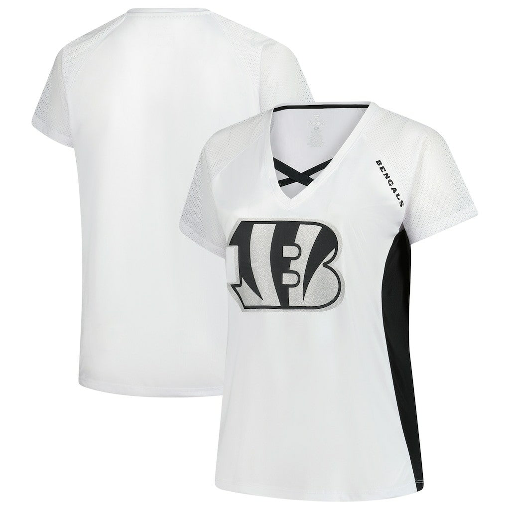 Cincinnati Bengals Women's Plus Size Glitter Lace-Up V- Neck T-Shirt White | Fanatics