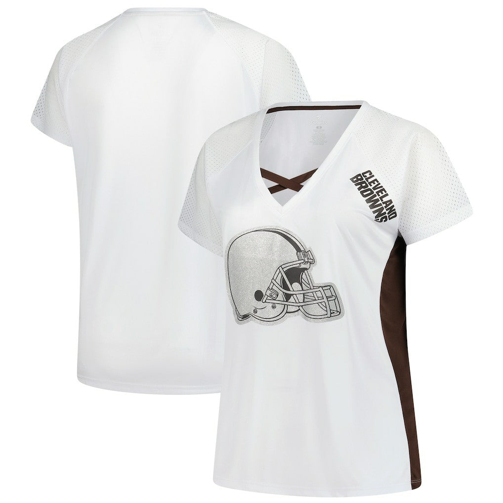 Cleveland Browns Women's Plus Size Glitter Lace-Up V- Neck T-Shirt White | Fanatics