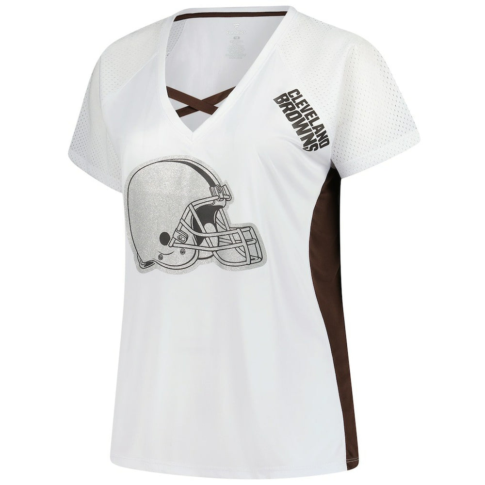 Cleveland Browns Women's Plus Size Glitter Lace-Up V- Neck T-Shirt White | Fanatics