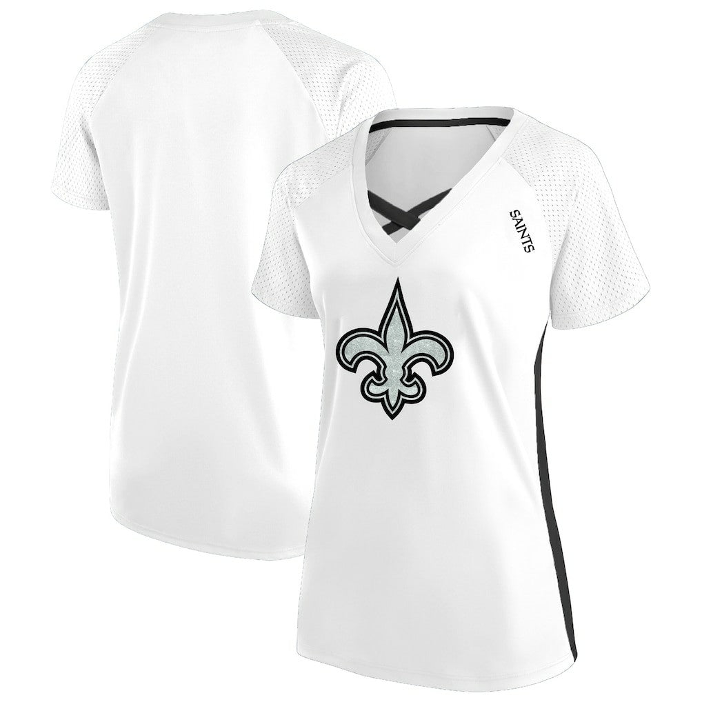 New Orleans Saints Women's Plus Size Glitter Lace-Up V- Neck T-Shirt White | Fanatics