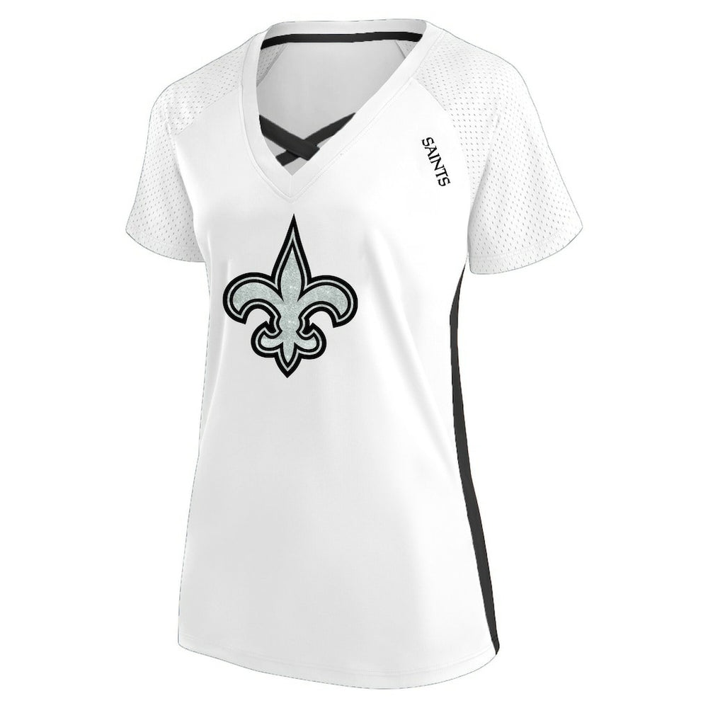 New Orleans Saints Women's Plus Size Glitter Lace-Up V- Neck T-Shirt White | Fanatics
