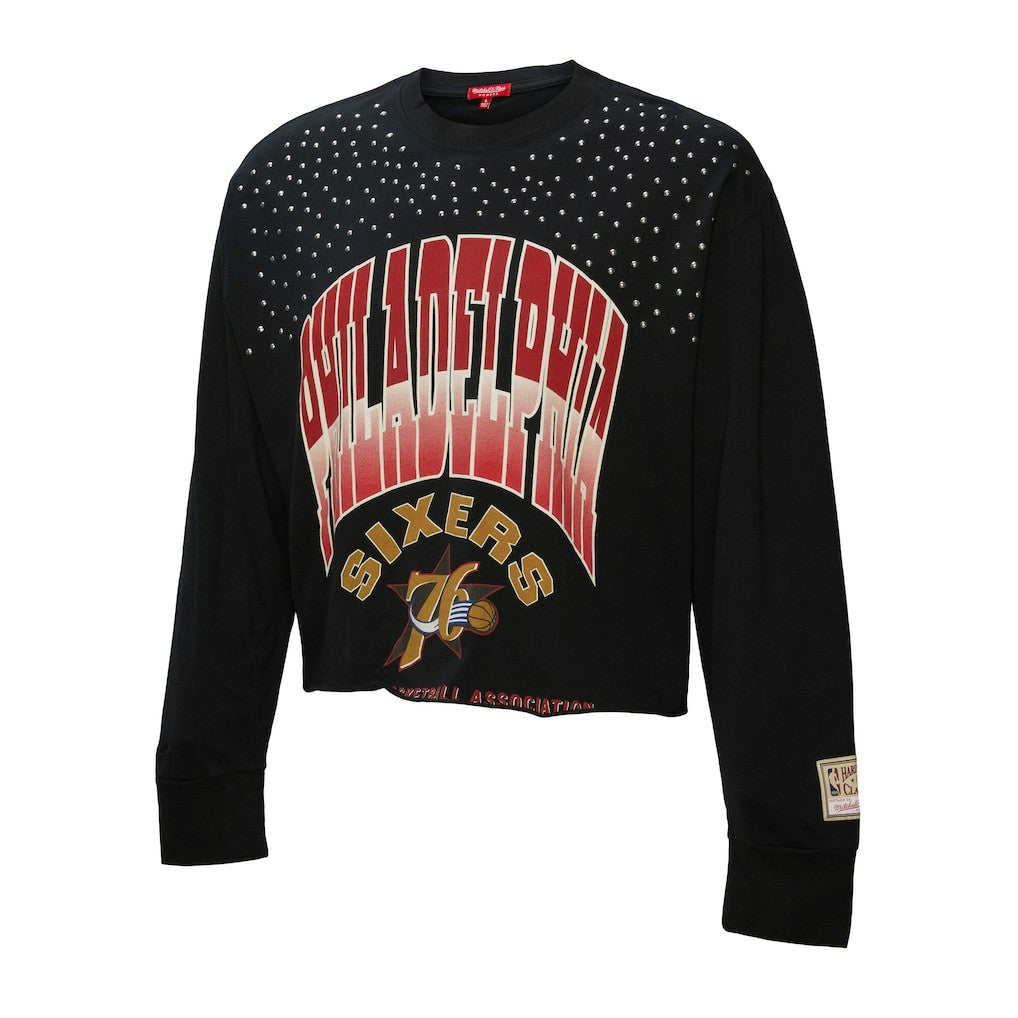 Philadelphia 76ers Women's Hardwood Classics Studded Boxy Cropped Long Sleeve T-Shirt Black - NBA