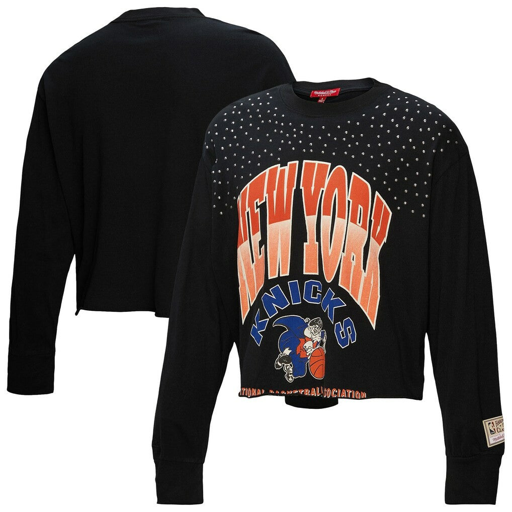 New York Knicks Women's Hardwood Classics Studded Boxy Cropped Long Sleeve T-Shirt Black - NBA