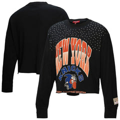 New York Knicks Women's Hardwood Classics Studded Boxy Cropped Long Sleeve T-Shirt Black - NBA