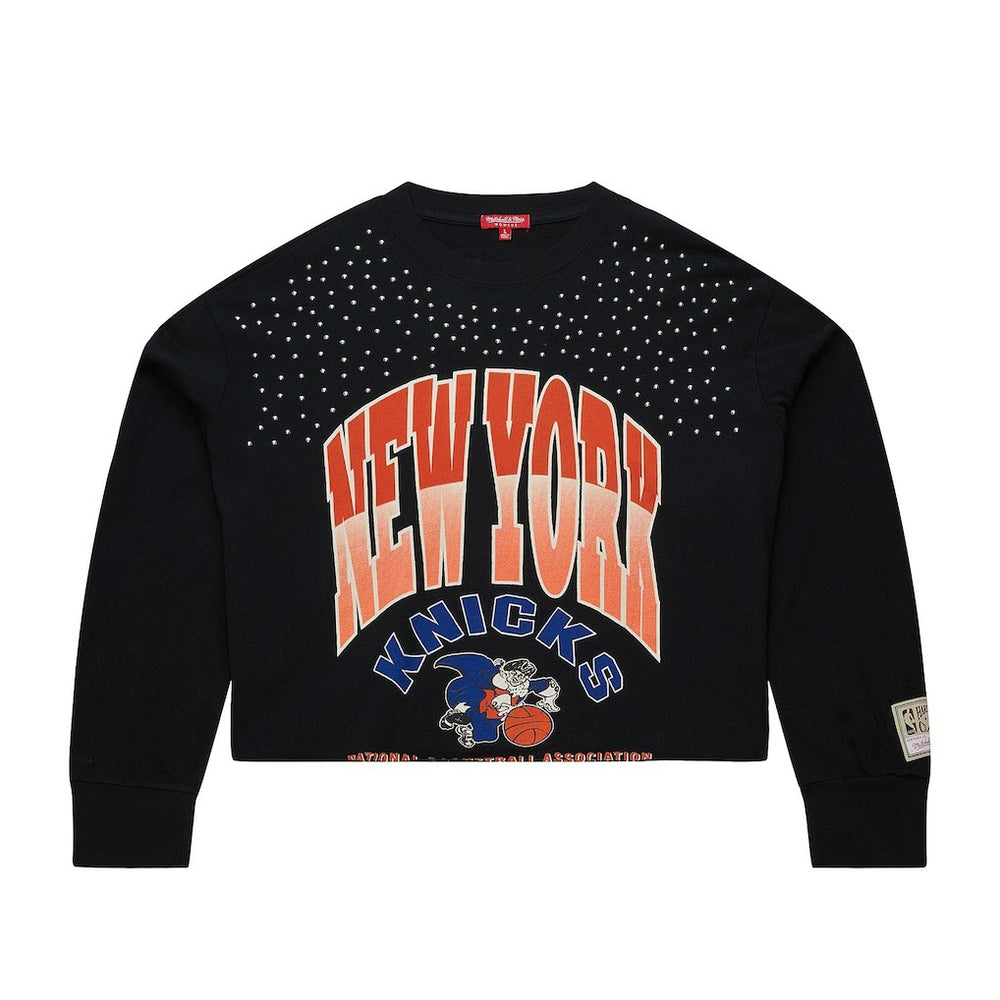 New York Knicks Women's Hardwood Classics Studded Boxy Cropped Long Sleeve T-Shirt Black - NBA
