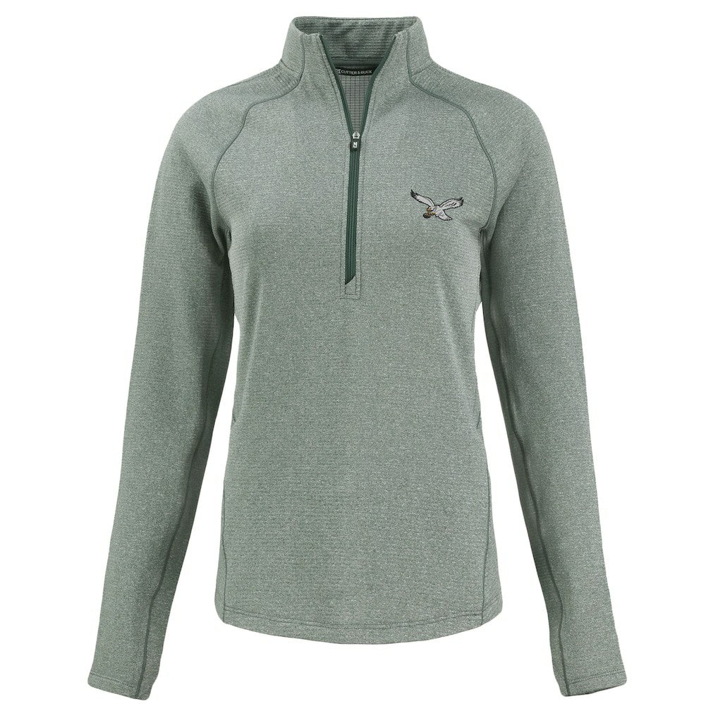 Philadelphia Eagles Cutter & Buck Women's Peshastin Eco Fleece Recycled Tri-Blend Raglan Half-Zip Jacket Heather Kelly Green | NFL