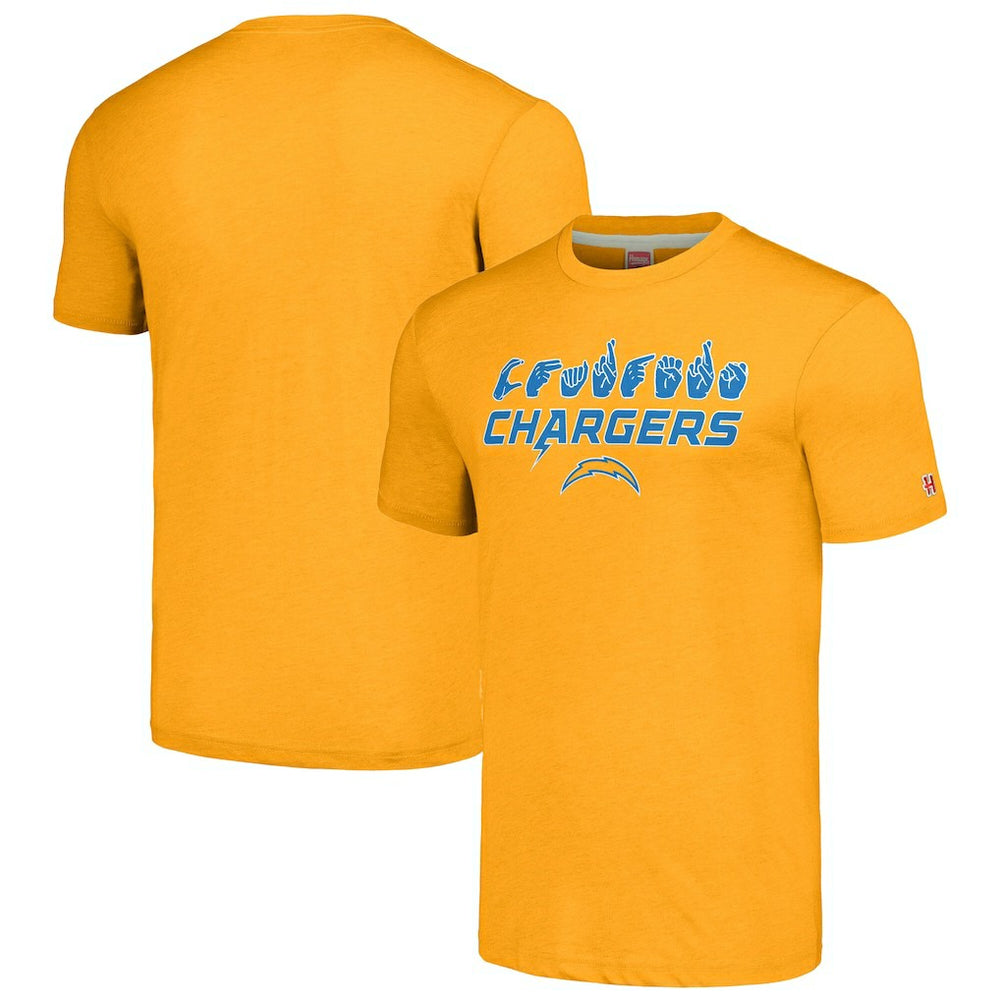 Los Angeles Chargers Homage Unisex The NFL ASL Collection by Love Sign American Sign Language T-Shirt Gold | NFL