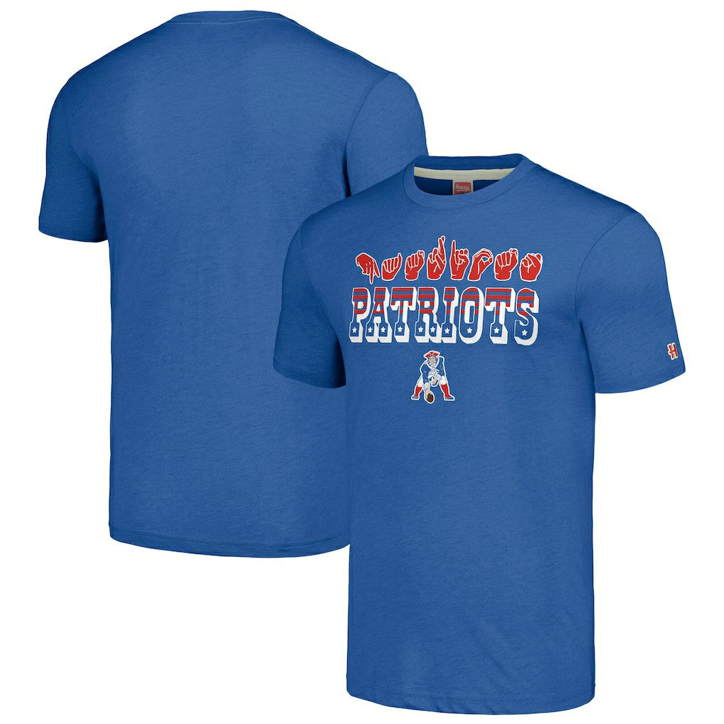 New England Patriots Homage Unisex The NFL ASL Collection by Love Sign American Sign Language T-Shirt Blue | NFL