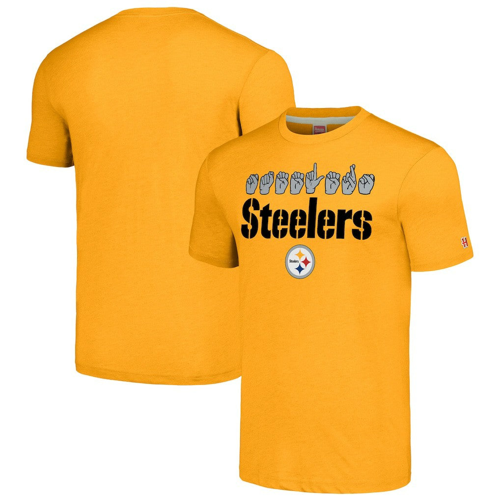 Pittsburgh Steelers Homage Unisex The NFL ASL Collection by Love Sign American Sign Language T-Shirt Gold | NFL