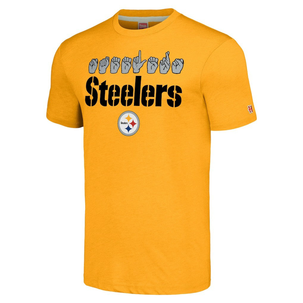 Pittsburgh Steelers Homage Unisex The NFL ASL Collection by Love Sign American Sign Language T-Shirt Gold | NFL