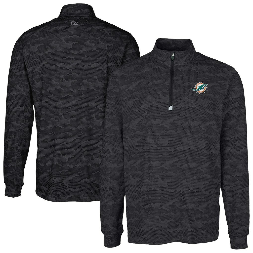 Miami Dolphins Cutter & Buck Big & Tall Traverse Eco Camo Tri-Blend DryTec Quarter-Zip Jacket Black | NFL
