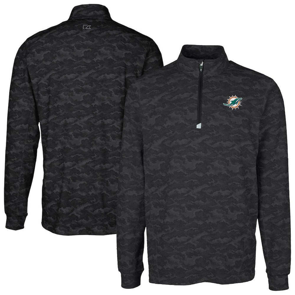 Miami Dolphins Cutter & Buck Big & Tall Traverse Eco Camo Tri-Blend DryTec Quarter-Zip Jacket Black | NFL