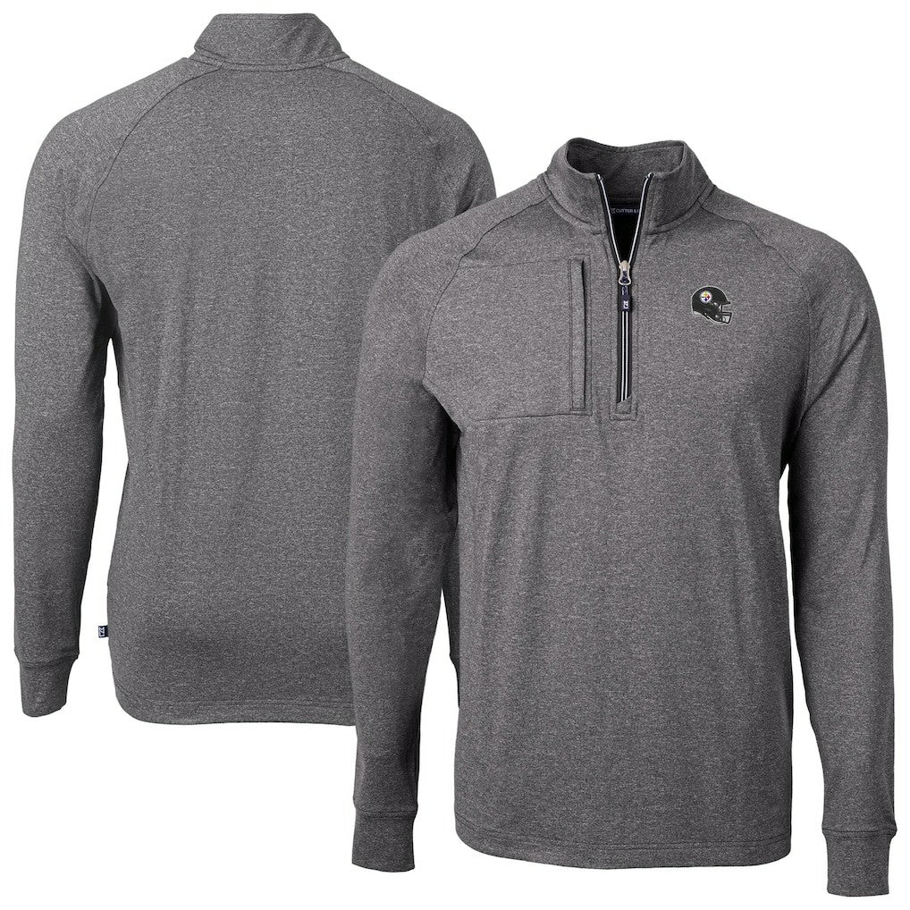 Pittsburgh Steelers Cutter & Buck Big & Tall Adapt Eco Raglan Quarter-Zip Jacket Heather Black | NFL
