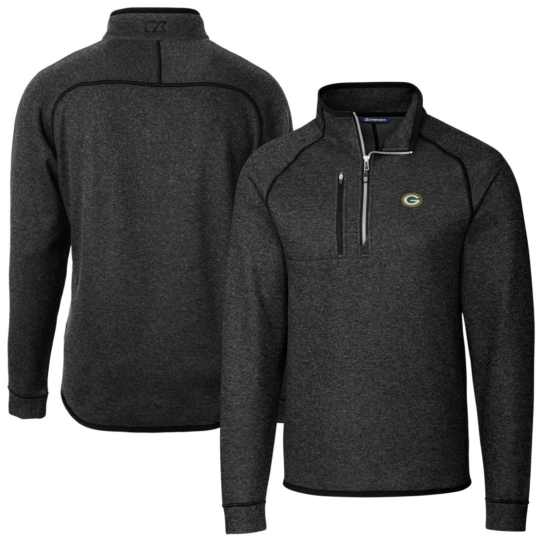 Green Bay Packers Cutter & Buck Big & Tall Mainsail Sweater-Knit Half-Zip Jacket Heather Charcoal | NFL