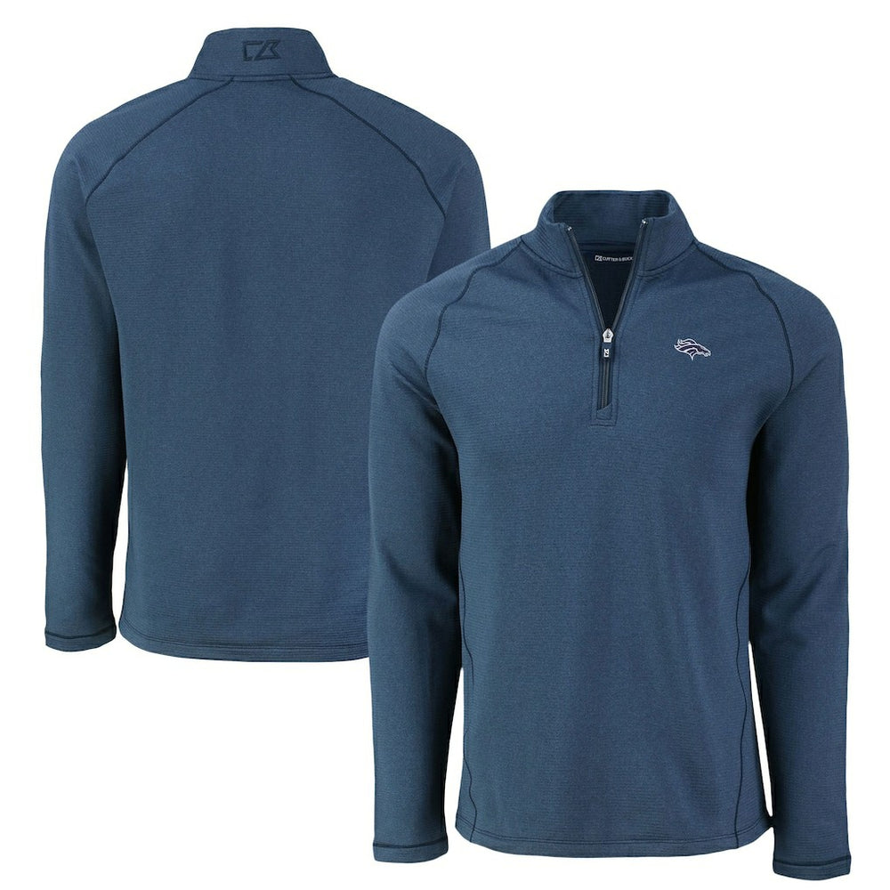 Denver Broncos Cutter & Buck Peshastin Eco Fleece Tri-Blend Raglan Recycled Quarter-Zip Jacket Heather Navy | NFL
