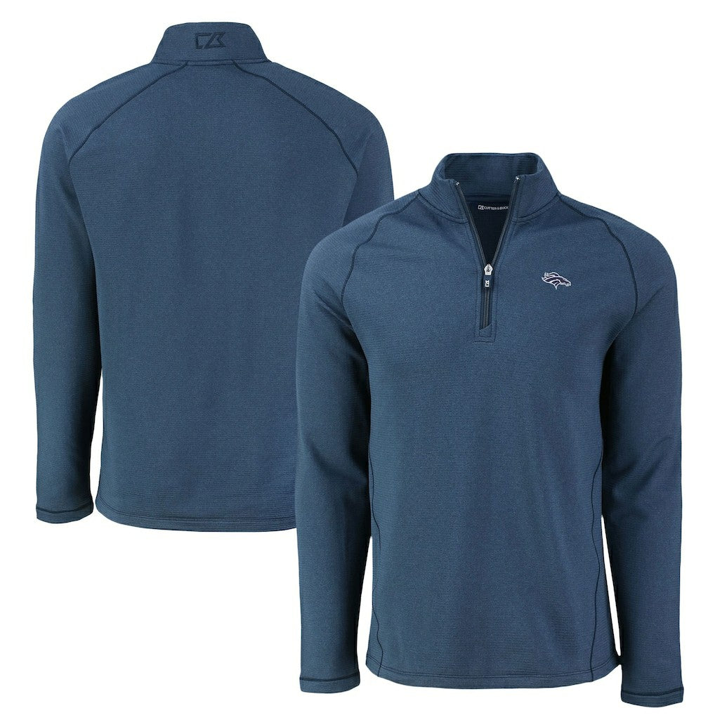 Denver Broncos Cutter & Buck Peshastin Eco Fleece Tri-Blend Raglan Recycled Quarter-Zip Jacket Heather Navy | NFL