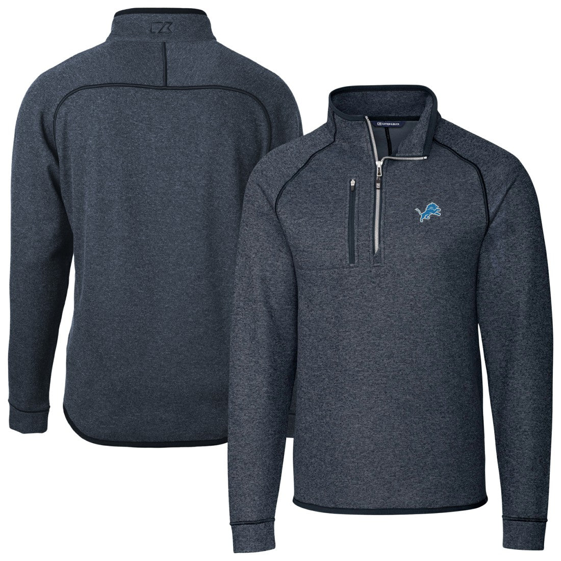 Detroit Lions Cutter & Buck Big & Tall Mainsail Sweater-Knit Raglan Half-Zip Jacket Heather Navy | NFL