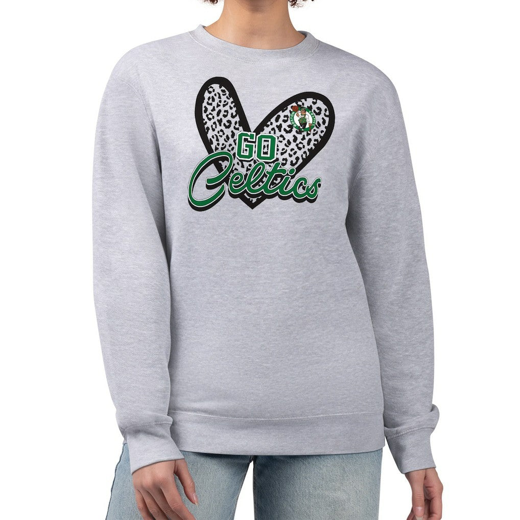Boston Celtics G-III 4Her by Carl Banks Women's Leopard Heart Fleece Pullover Sweatshirt Heather Gray - NBA