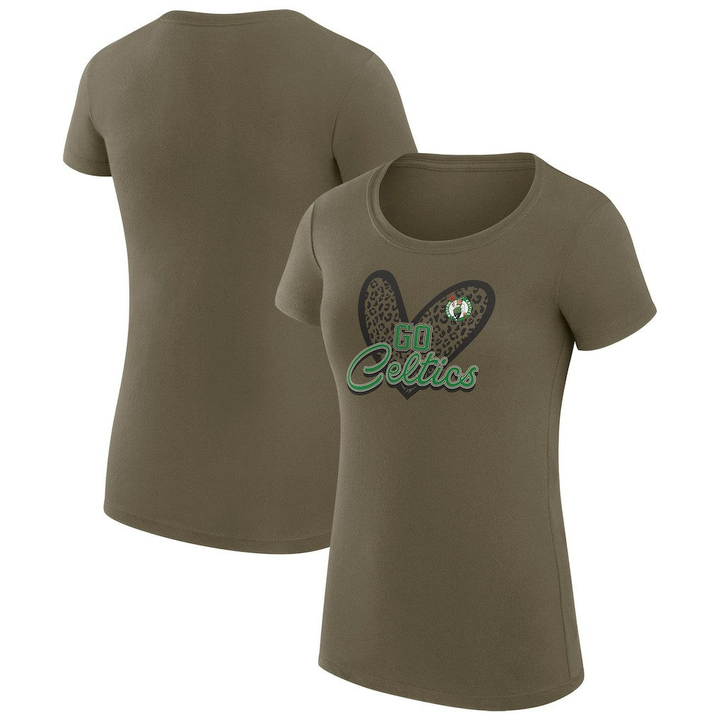 Boston Celtics G-III 4Her by Carl Banks Women's Super-Slim Fit Lightweight Leopard Heart T-Shirt Hunter Green - NBA