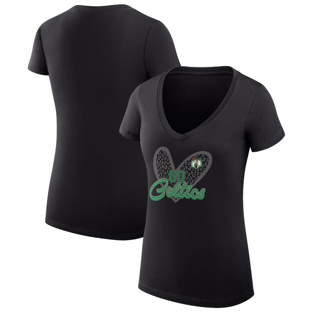 Boston Celtics G-III 4Her by Carl Banks Women's Super-Slim Fit Lightweight Leopard Heart V-Neck T-Shirt Black - NBA
