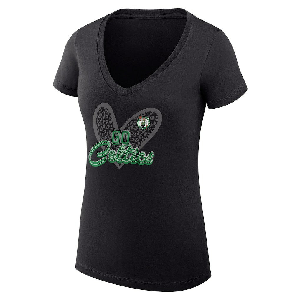 Boston Celtics G-III 4Her by Carl Banks Women's Super-Slim Fit Lightweight Leopard Heart V-Neck T-Shirt Black - NBA