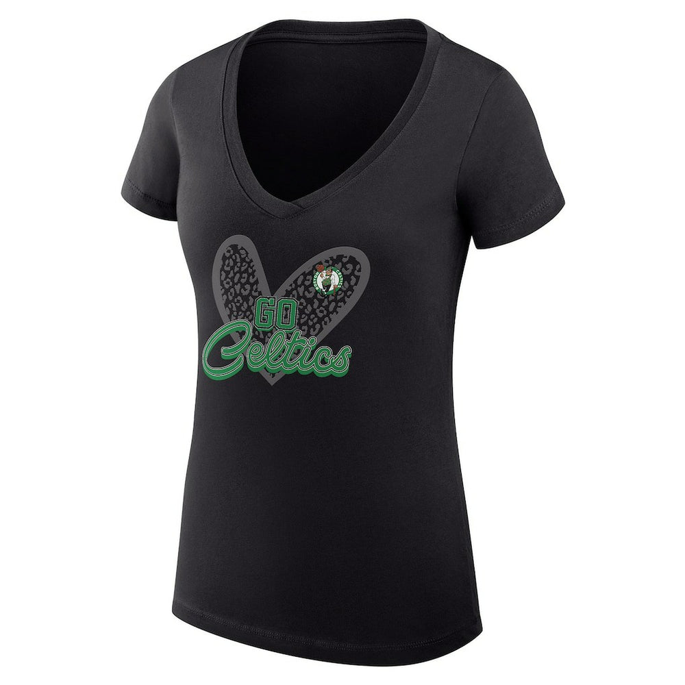 Boston Celtics G-III 4Her by Carl Banks Women's Super-Slim Fit Lightweight Leopard Heart V-Neck T-Shirt Black - NBA