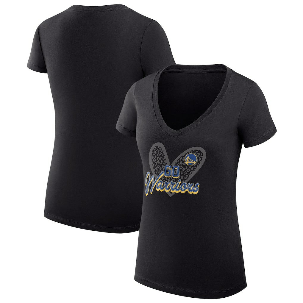 Golden State Warriors G-III 4Her by Carl Banks Women's Super-Slim Fit Lightweight Leopard Heart V-Neck T-Shirt Black - NBA