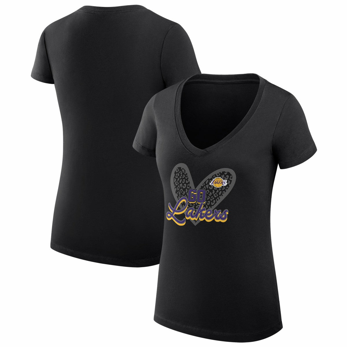 Los Angeles Lakers G-III 4Her by Carl Banks Women's Super-Slim Fit Lightweight Leopard Heart V-Neck T-Shirt Black - NBA
