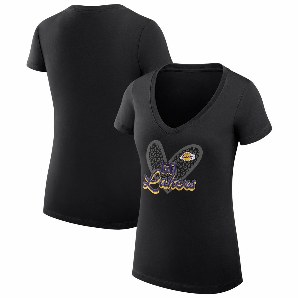 Los Angeles Lakers G-III 4Her by Carl Banks Women's Super-Slim Fit Lightweight Leopard Heart V-Neck T-Shirt Black - NBA