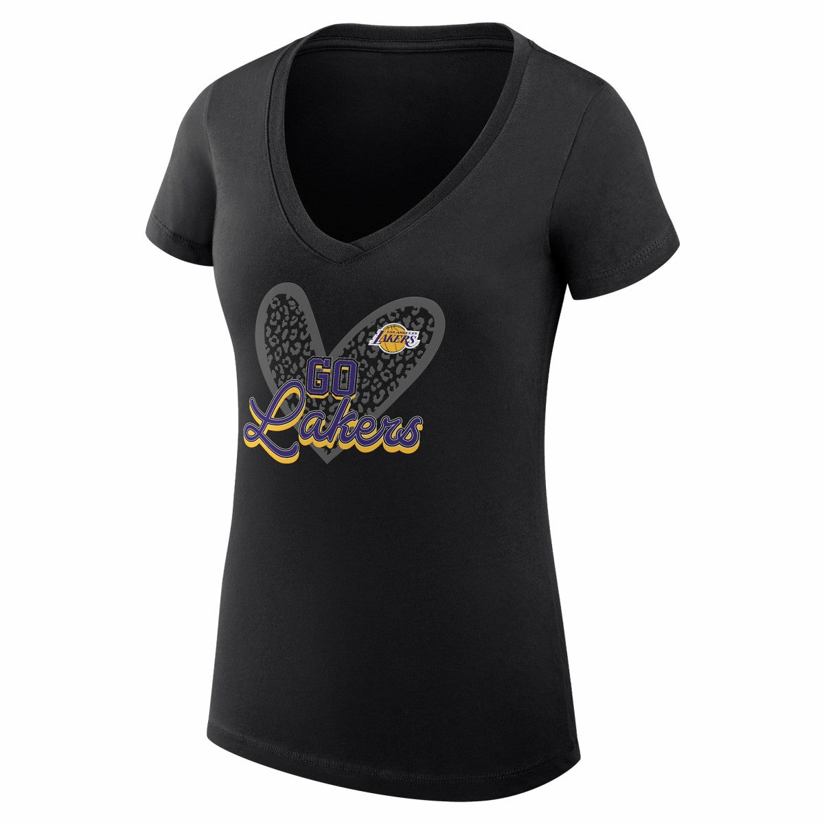 Los Angeles Lakers G-III 4Her by Carl Banks Women's Super-Slim Fit Lightweight Leopard Heart V-Neck T-Shirt Black - NBA