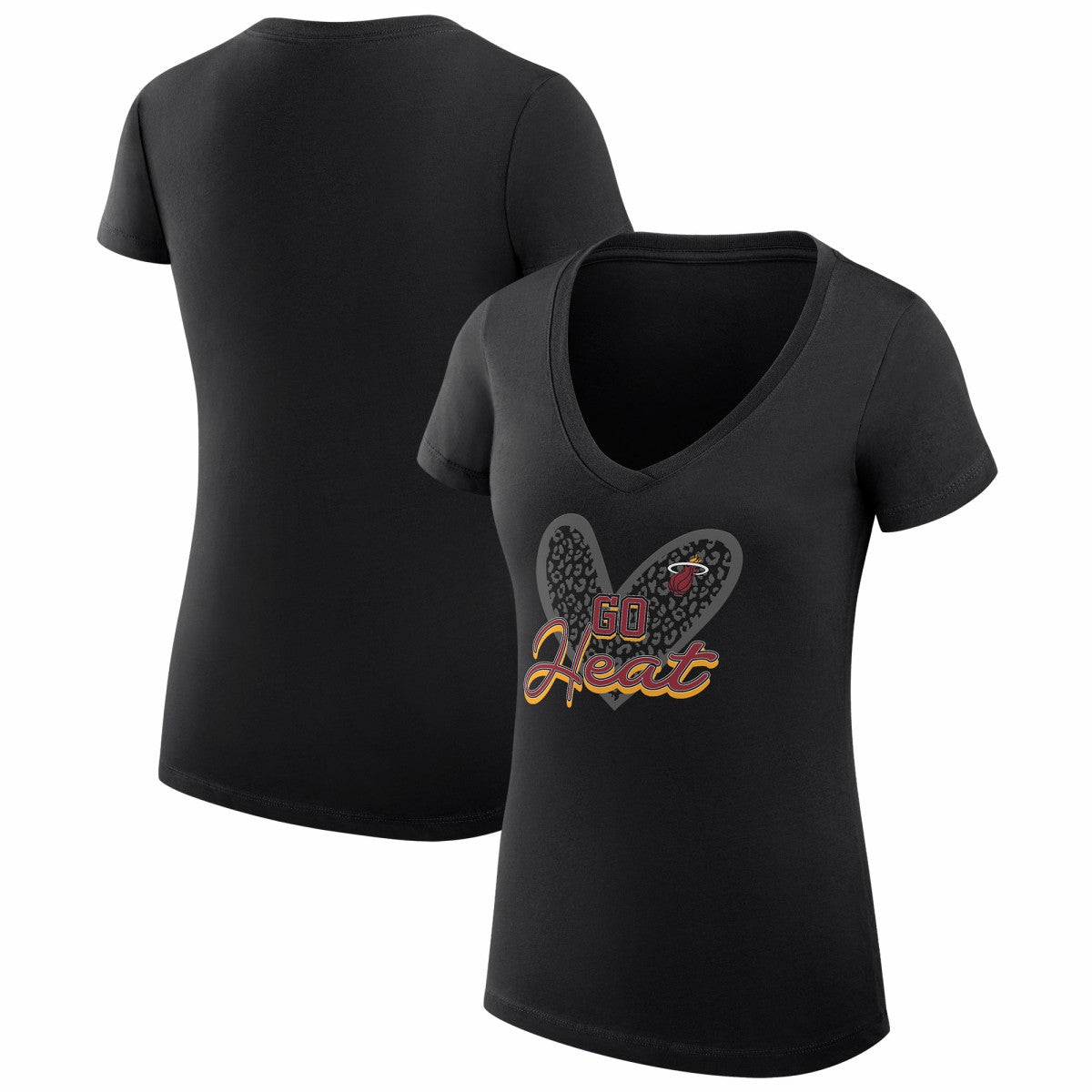 Miami Heat G-III 4Her by Carl Banks Women's Super-Slim Fit Lightweight Leopard Heart V-Neck T-Shirt Black - NBA