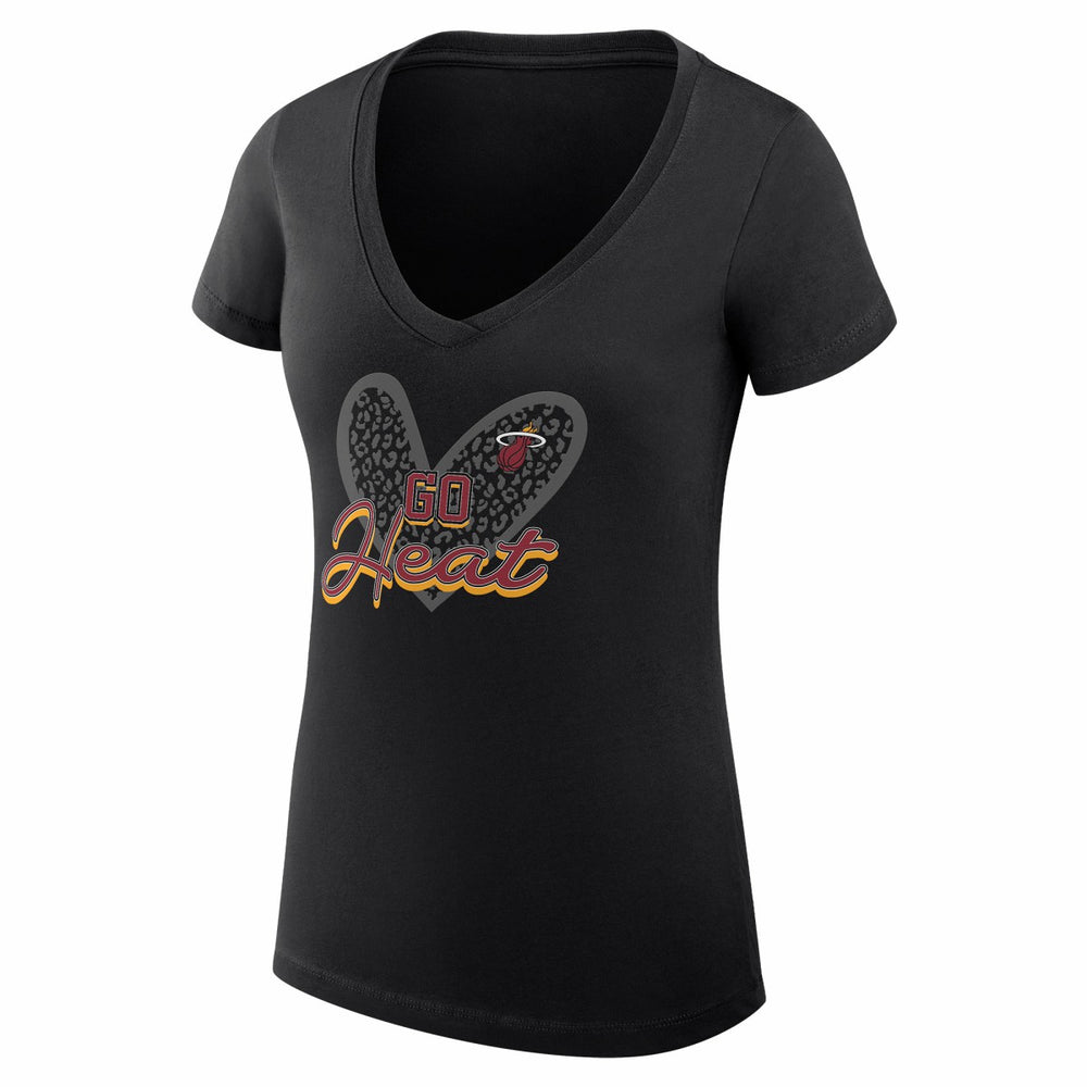 Miami Heat G-III 4Her by Carl Banks Women's Super-Slim Fit Lightweight Leopard Heart V-Neck T-Shirt Black - NBA