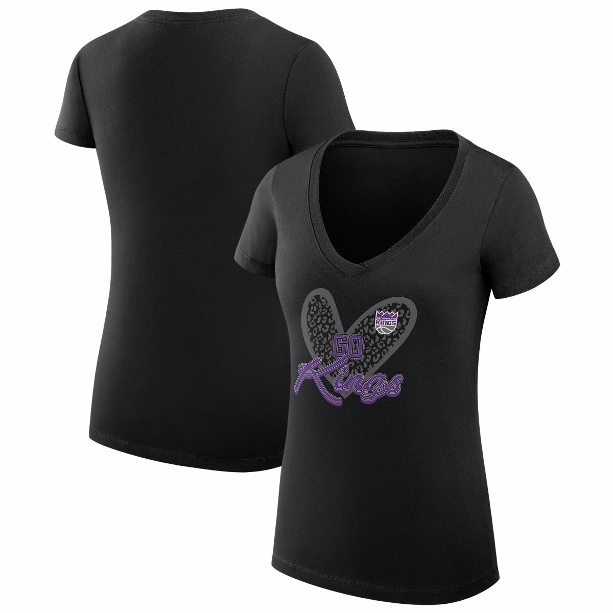 Sacramento Kings G-III 4Her by Carl Banks Women's Super-Slim Fit Lightweight Leopard Heart V-Neck T-Shirt Black - NBA