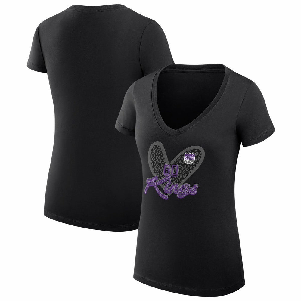 Sacramento Kings G-III 4Her by Carl Banks Women's Super-Slim Fit Lightweight Leopard Heart V-Neck T-Shirt Black - NBA