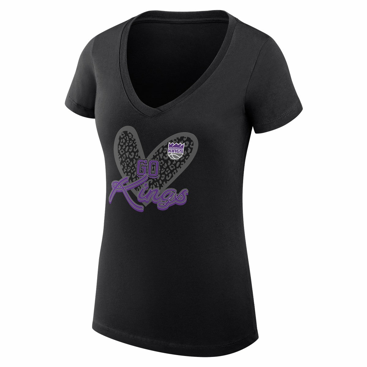 Sacramento Kings G-III 4Her by Carl Banks Women's Super-Slim Fit Lightweight Leopard Heart V-Neck T-Shirt Black - NBA