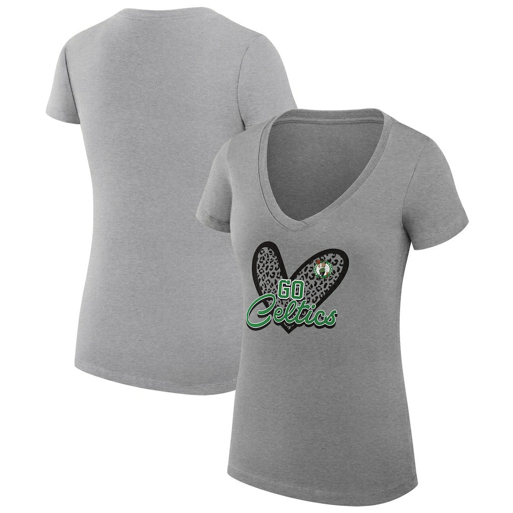 Boston Celtics G-III 4Her by Carl Banks Women's Super-Slim Fit Lightweight Leopard Heart V-Neck T-Shirt Heather Gray - NBA
