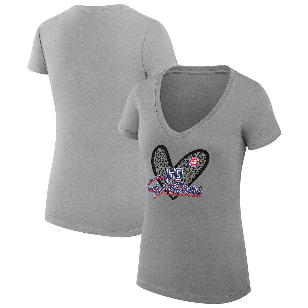 Detroit Pistons G-III 4Her by Carl Banks Women's Super-Slim Fit Lightweight Leopard Heart V-Neck T-Shirt Heather Gray - NBA