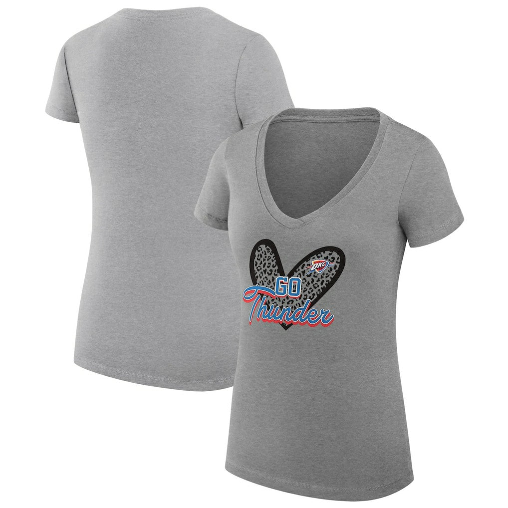 Oklahoma City Thunder G-III 4Her by Carl Banks Women's Super-Slim Fit Lightweight Leopard Heart V-Neck T-Shirt Heather Gray - NBA