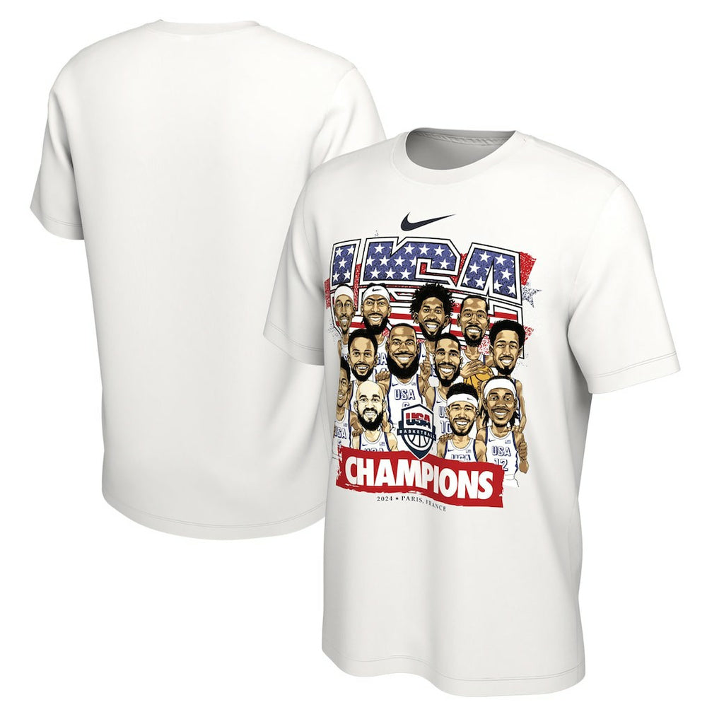 USA Men's Basketball Unisex 2024 Summer Olympics Gold Medal Team Caricature T-Shirt White - NBA